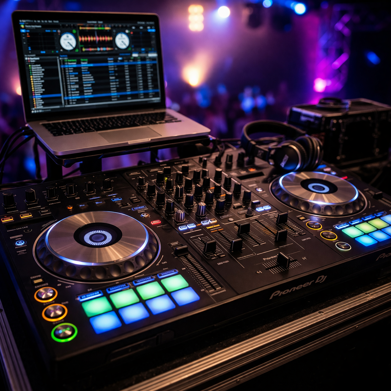DJ controller with lit pads and laptop on a nightclub booth, with blurred colorful stage lights behind