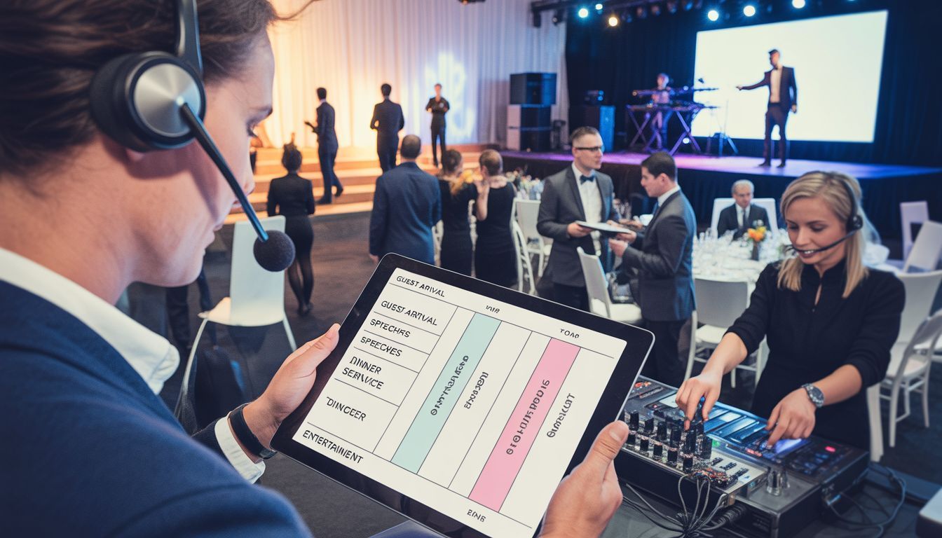 Person using a tablet at a live event booth while a woman adjusts audio controls nearby