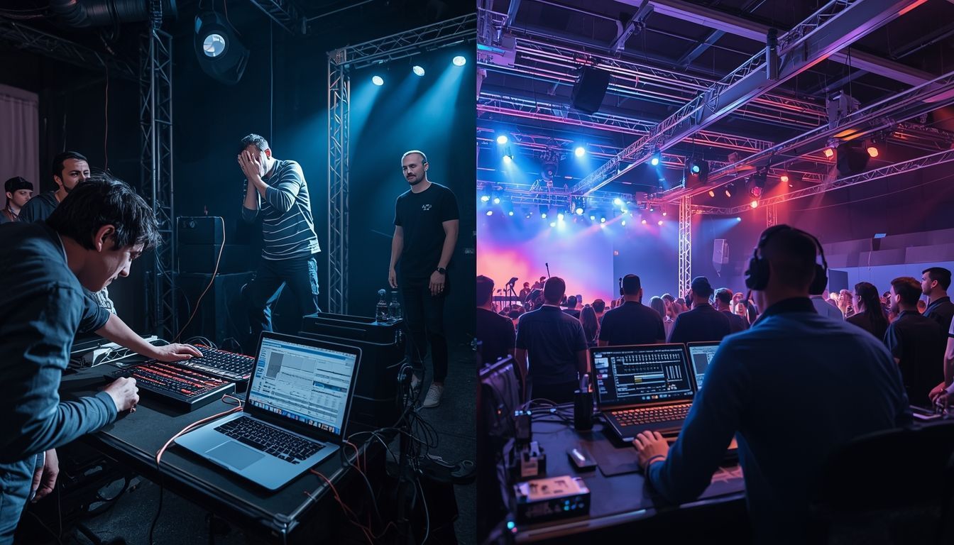 Band performing on a stage with blue and purple lights, sound engineers mixing at a console in the foreground