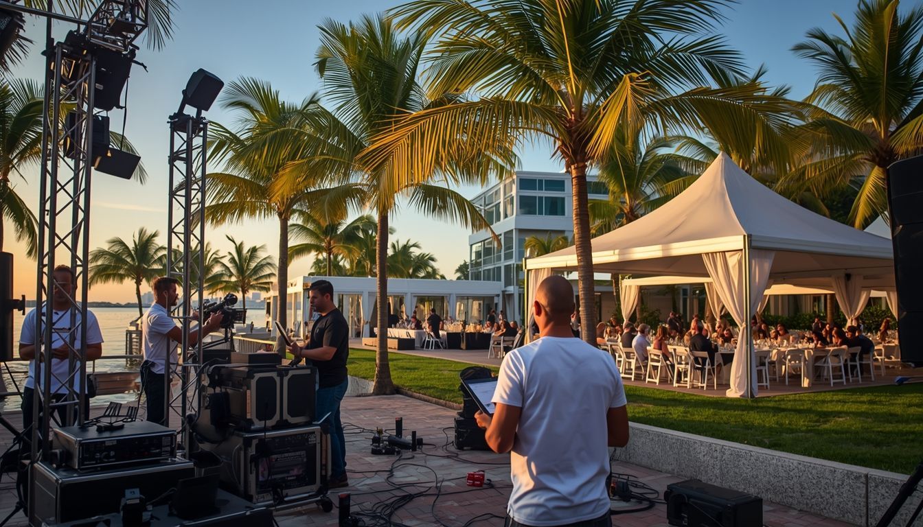 Outdoor concert with stage equipment, palm trees, and a white tent at sunset.