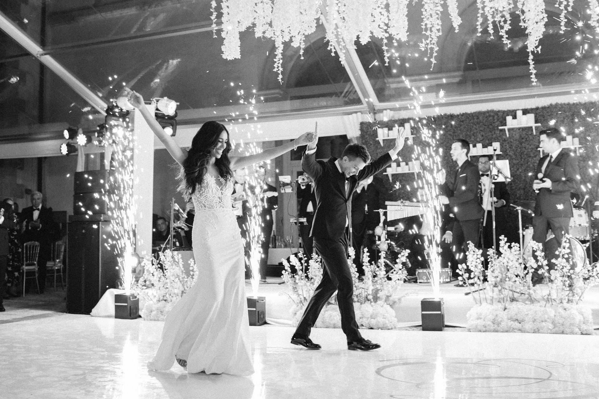 Wedding first dance with indoor cold sparks