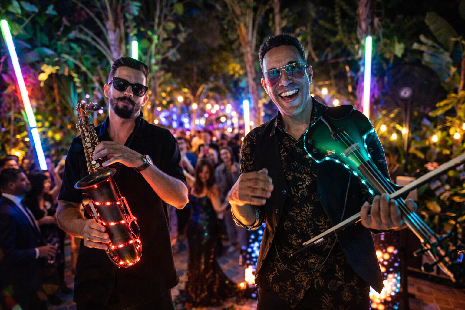 Two smiling musicians in a night crowd, playing illuminated violins with colorful lights around them.