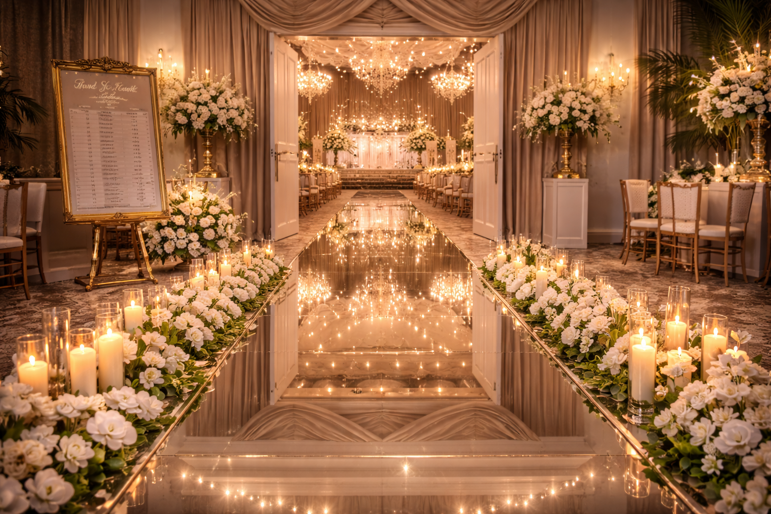 Elegant candlelit wedding aisle with white flowers and gold drapes leading to a decorated altar