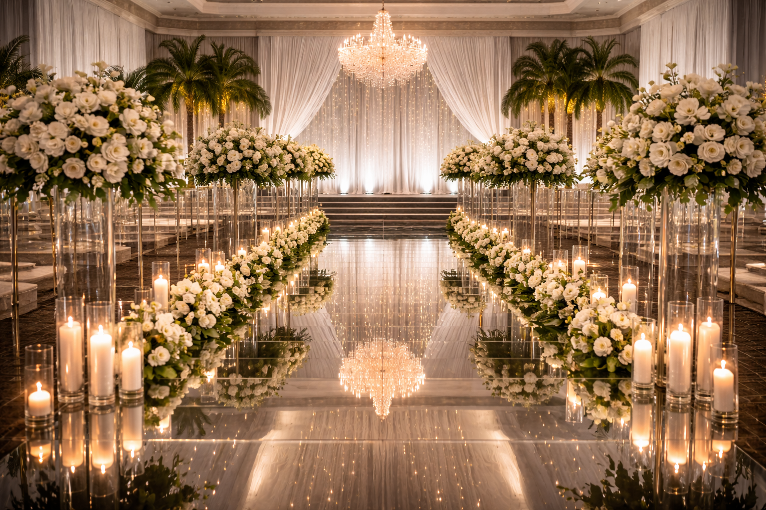 Elegant wedding aisle with white floral arrangements, candles, and mirrored flooring under a chandelier