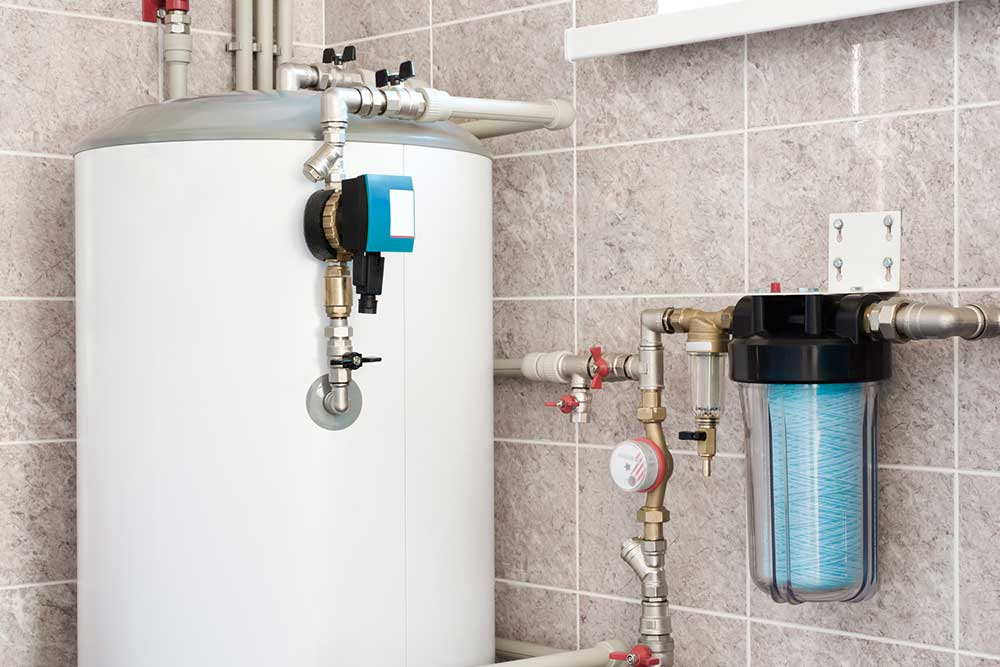 A water heater is sitting in a bathroom next to a water filter.