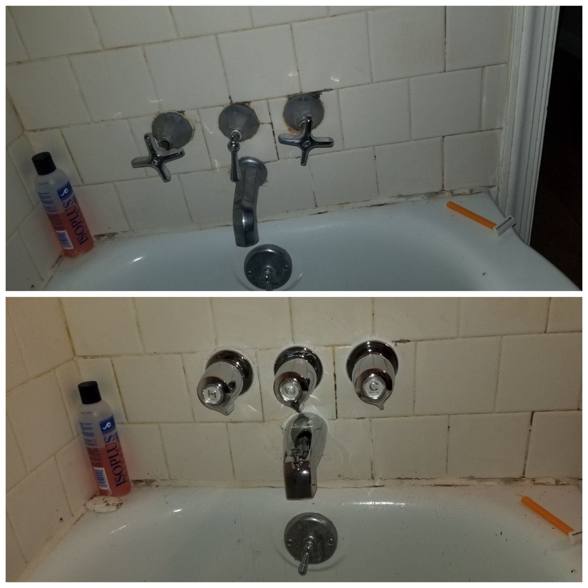 A before and after picture of a bathtub with a bottle of body wash next to it