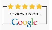 A google logo with five stars and the words `` review us on ... google ''