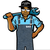 A cartoon of a plumber holding a wrench on his shoulder.