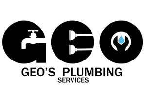 A logo for geo 's plumbing services with a faucet , plunger , and wrench.