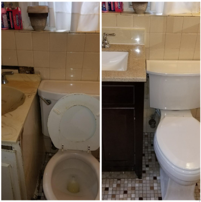 A before and after photo of a bathroom with a toilet and sink