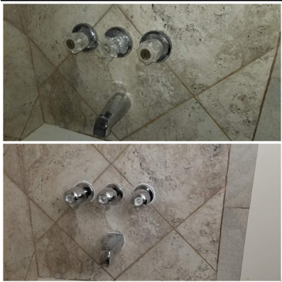 A before and after picture of a bathtub faucet