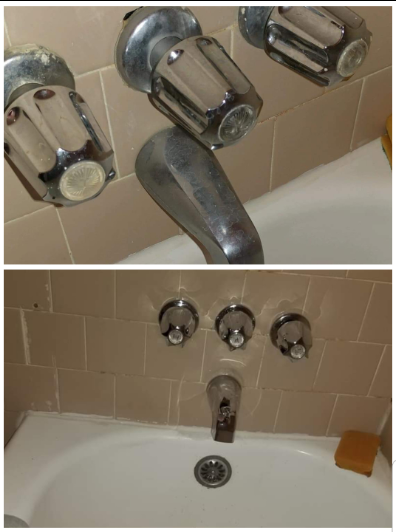 Two pictures of a bathtub with faucets and knobs