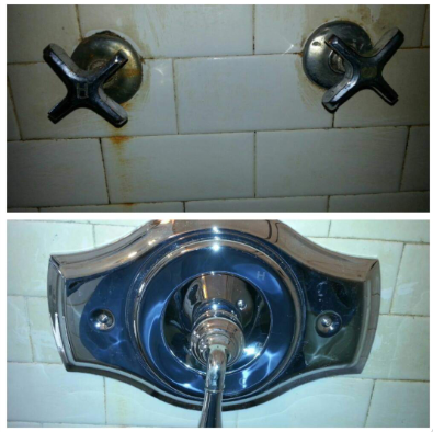 A collage of two pictures showing a faucet and a tiled wall