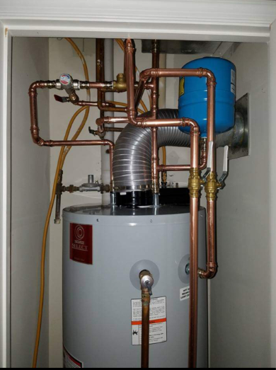 A water heater with copper pipes attached to it