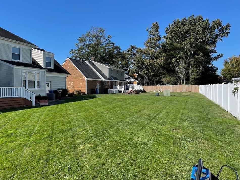 Well-manicured green lawn bordered by a white fence and houses on a sunny day.