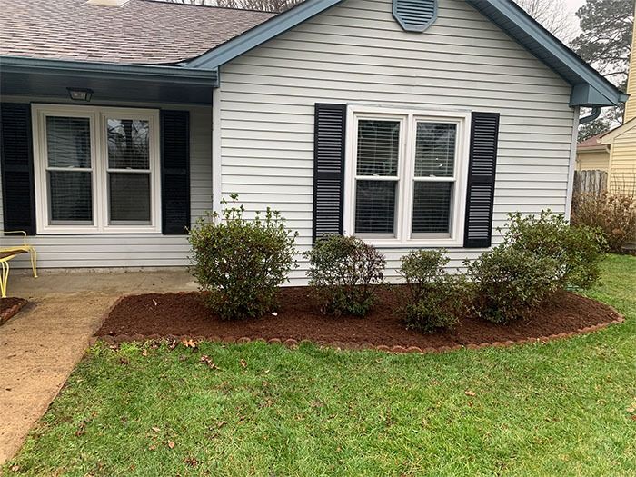 Small house with white siding, black shutters, and a bed of brown mulch with green bushes.