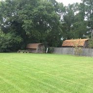 Green yard with two brown sheds in the distance, surrounded by trees and a wooden fence.