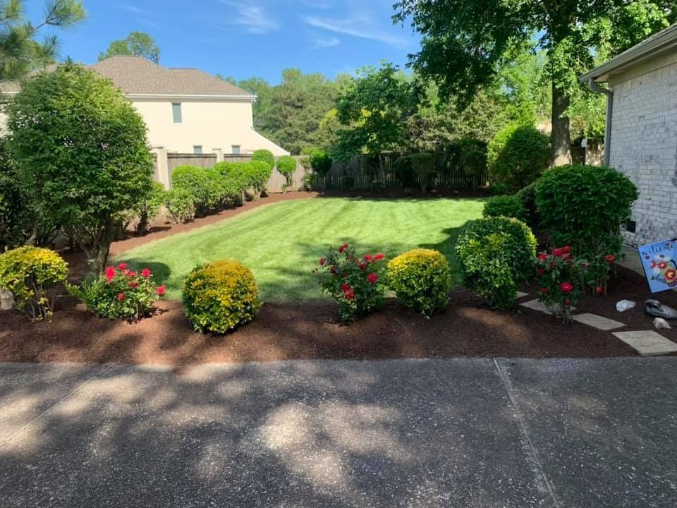 Well-manicured lawn and garden bed with trimmed bushes, red roses, and a house in the background.