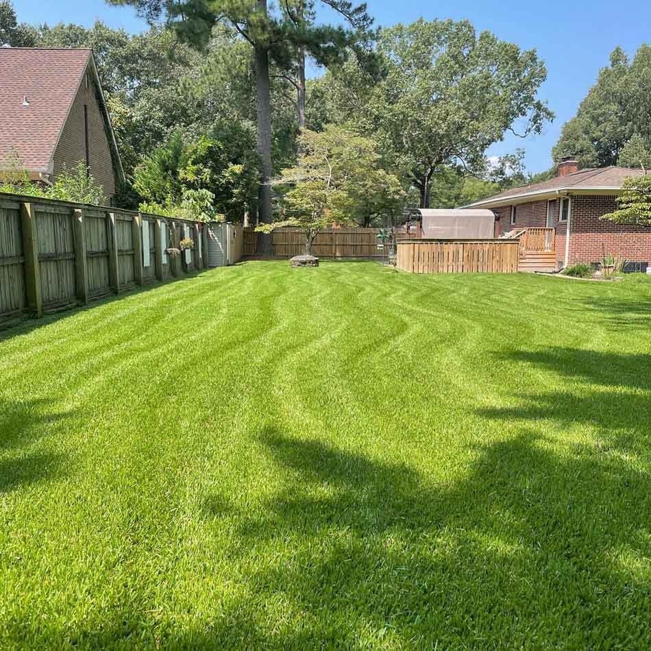 Green lawn with mowing stripes, fenced yard, trees, house.