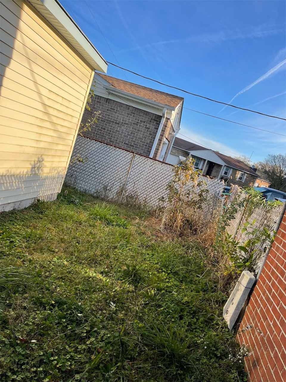 Grassy yard next to a yellow building and a brick wall. Overgrown vegetation. Blue sky.