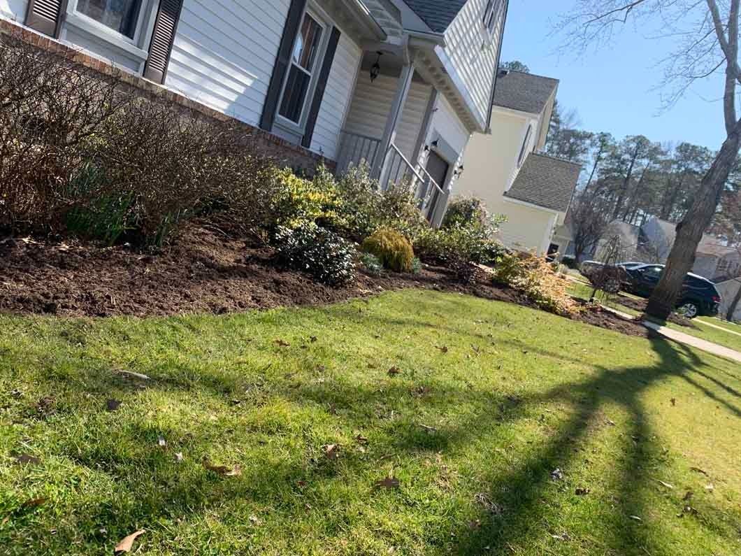 Lawn and landscaped garden in front of a white house with dark trim. Sunny day with shadows.