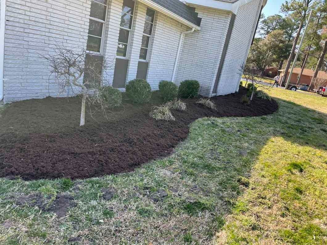A house with fresh dark mulch in front. Small shrubs and a lone tree are present.