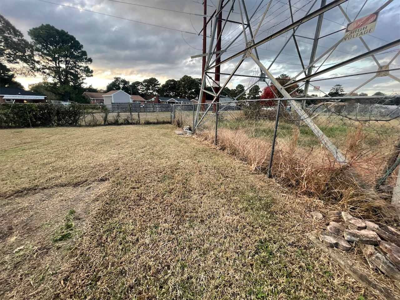 Overgrown lot next to a chain-link fence and power lines under a cloudy sky.