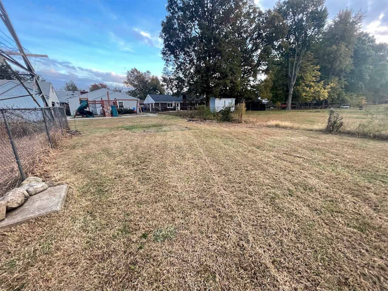 Grassy backyard with a chain-link fence on the left and houses in the distance under a blue sky.