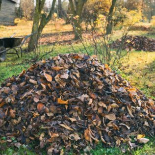 Pile of brown autumn leaves in a grassy yard, with a wheelbarrow and trees in the background.
