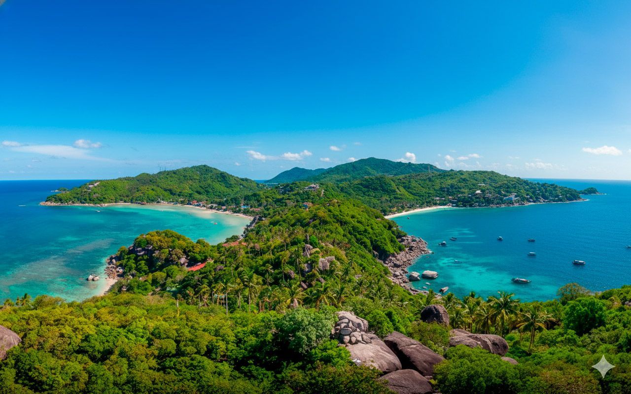 Tropical island vista with turquoise water, lush green vegetation, and clear blue sky.