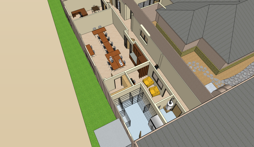 A 3D architectural layout shows a building interior with multiple offices, meeting rooms, and a lounge area. 