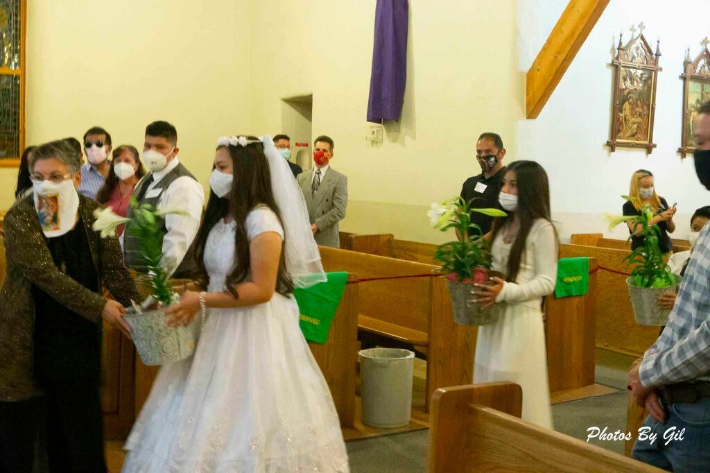 A girl in a white dress and veil carries a potted plant in a church. 