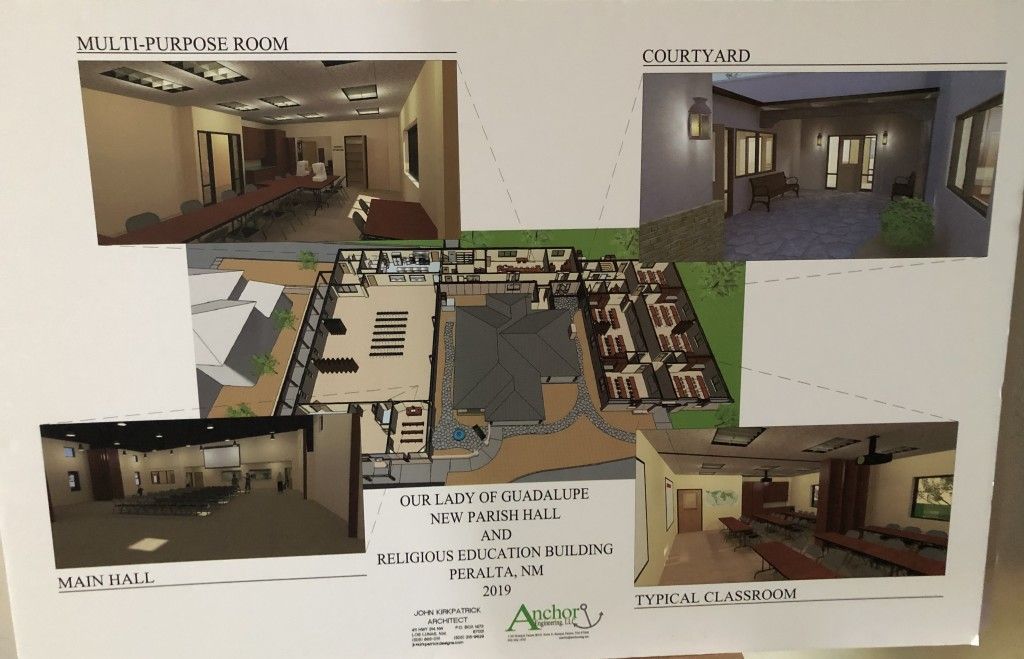 Blueprint and photos of Our Lady of Guadalupe Parish Hall in Peralta, NM. 