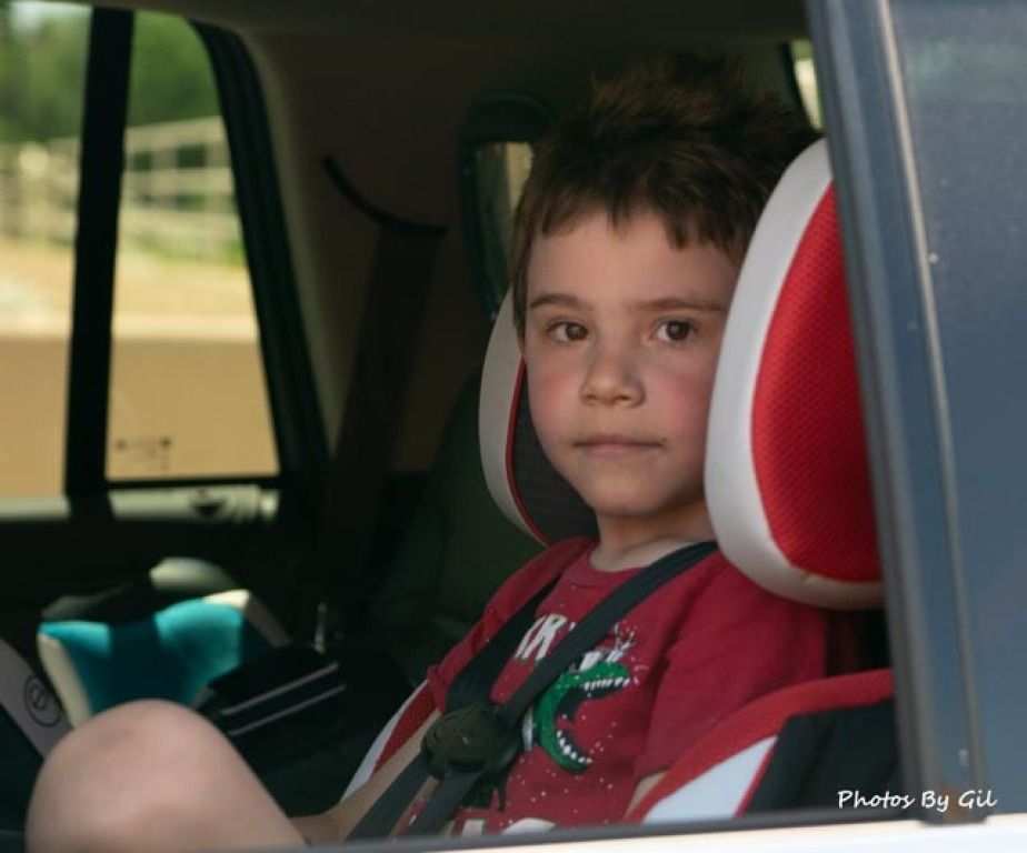A young child with short hair sits in a car seat, wearing a red shirt. 