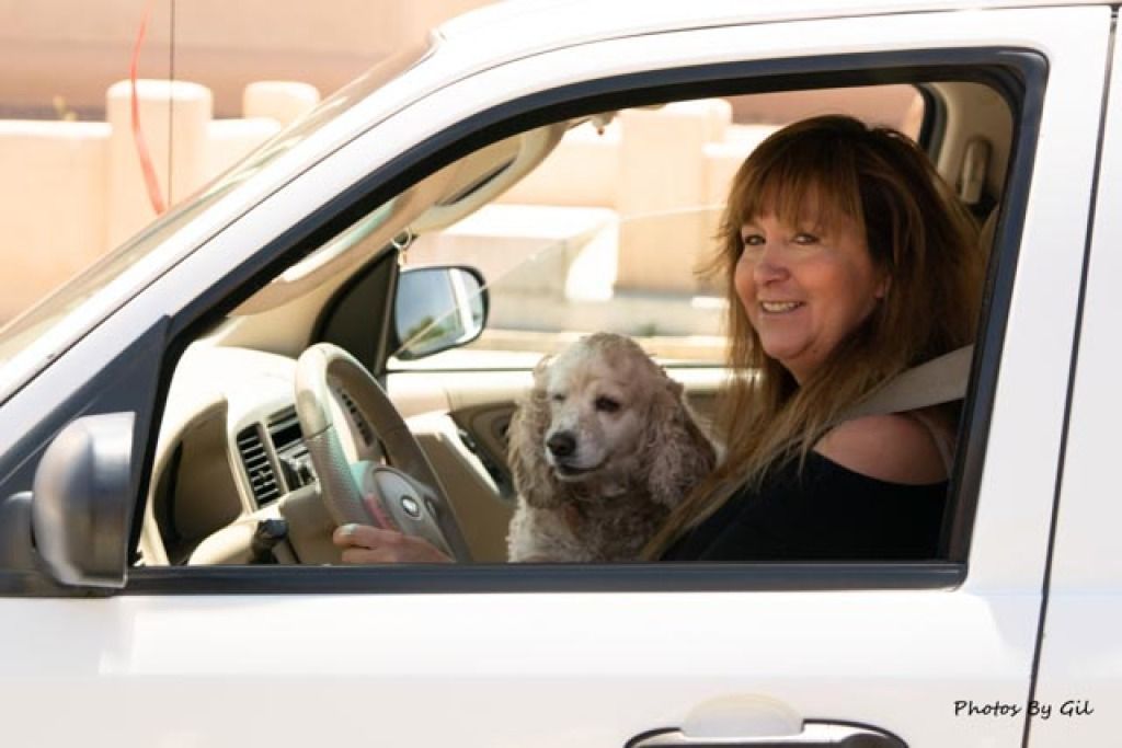 A woman smiling in a car with a small dog on her lap. 