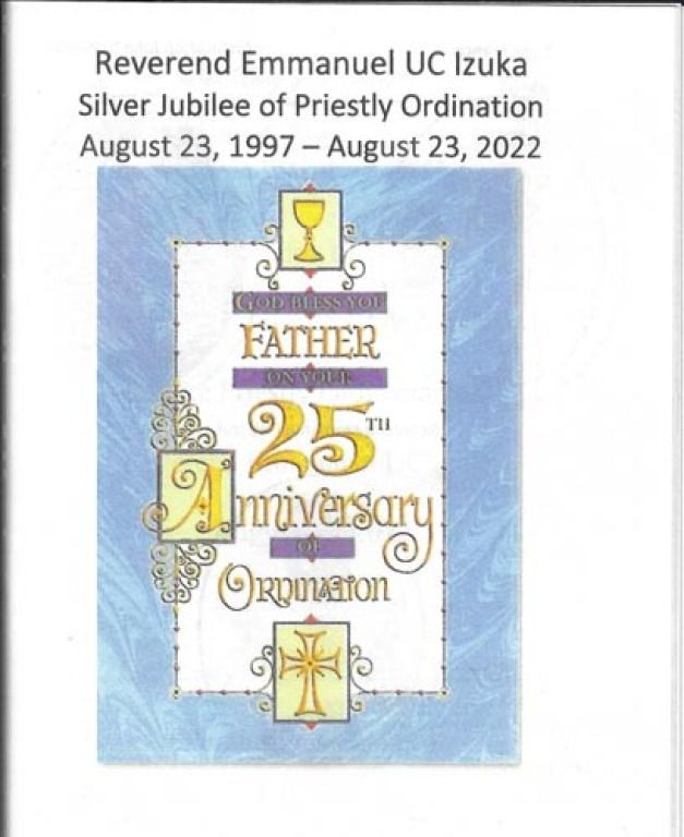 Ceremonial card celebrating Reverend Emmanuel UC Izuka's 25th Priesthood Anniversary