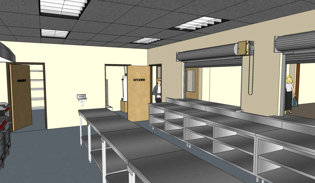 A 3D rendering of an industrial kitchen with stainless steel counters and shelves. 