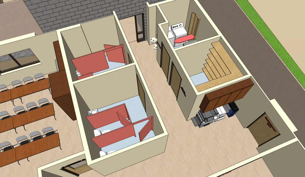 3D office layout showing a conference room with chairs and tables.