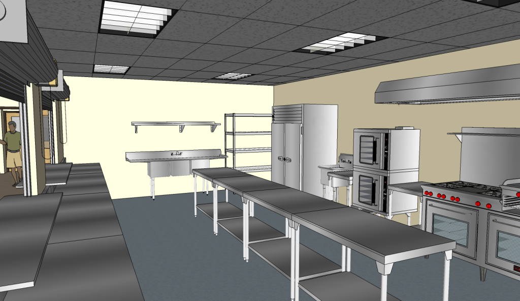 Modern commercial kitchen rendering with stainless steel appliances.