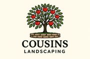 A tree with red apples on a stone base, with the text "COUSINS LANDSCAPING."