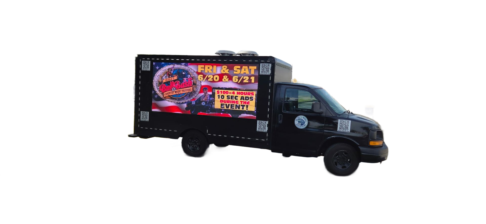 Black food truck with a digital display, advertising a food event.
