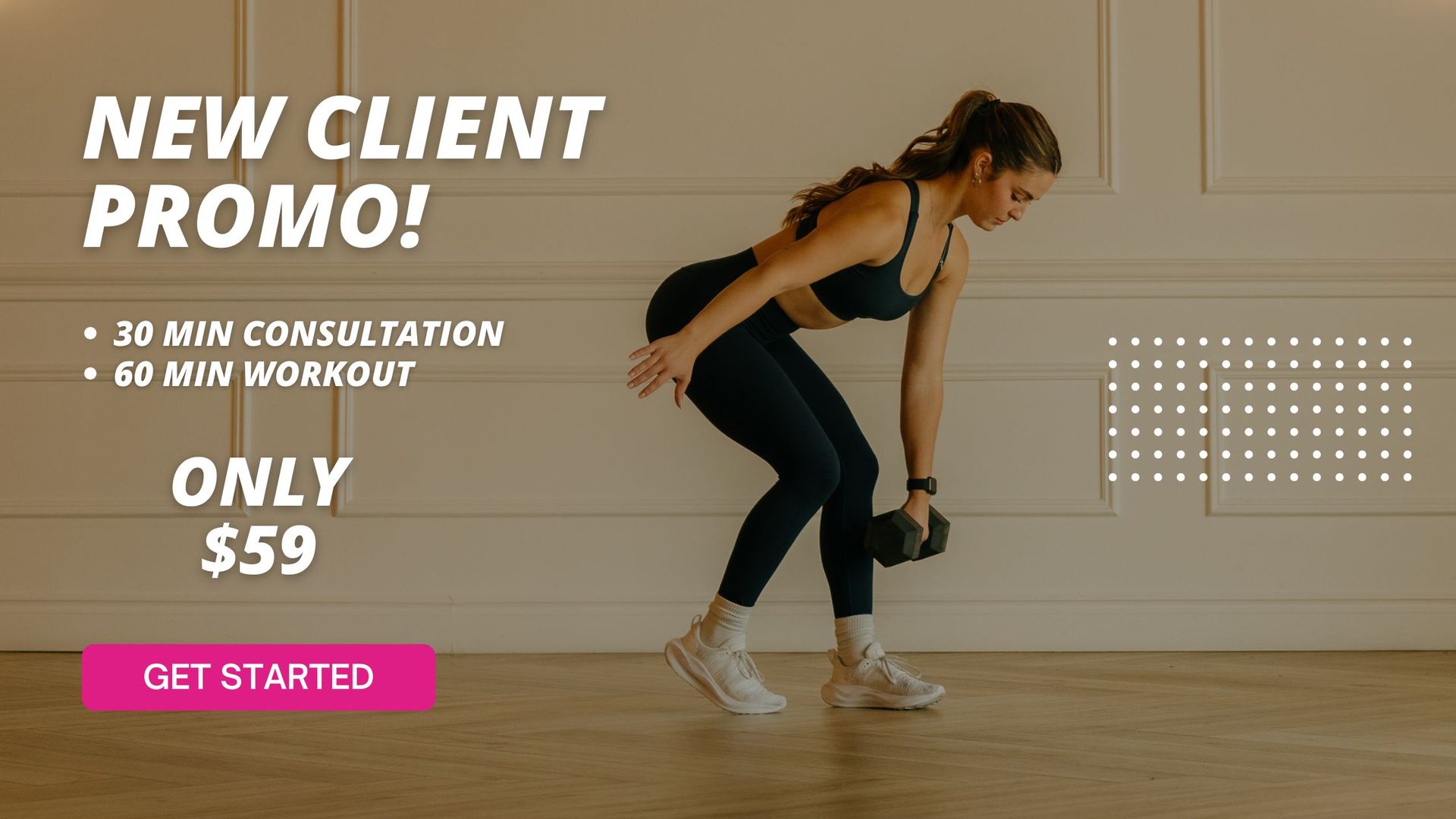 Woman exercising in gym, fitness promo: 30 min consultation, 60 min workout for $59. Pink 