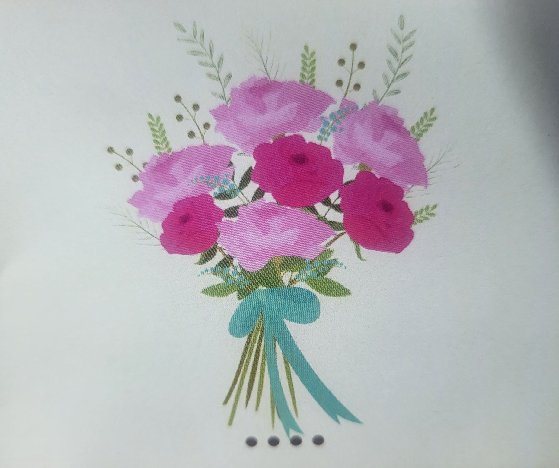 Bouquet of pink flowers tied with a teal ribbon, on a white background.