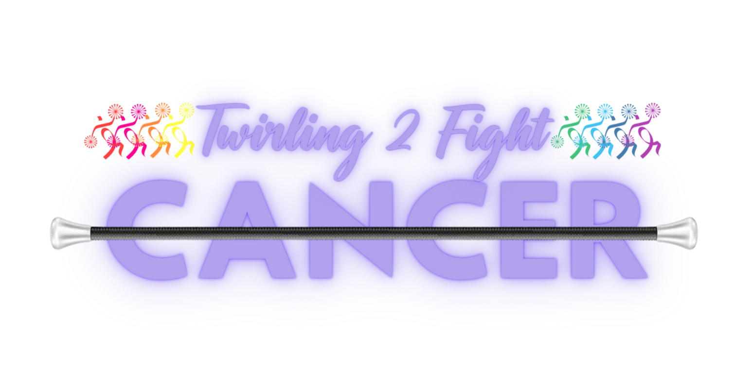 A twirling 2 fight cancer logo with a twirling stick and people dancing.