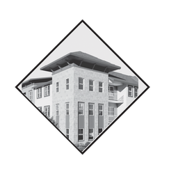 A multi-story building with stone-textured facade and a wide, overhanging roof, presented within a diamond-shaped frame.