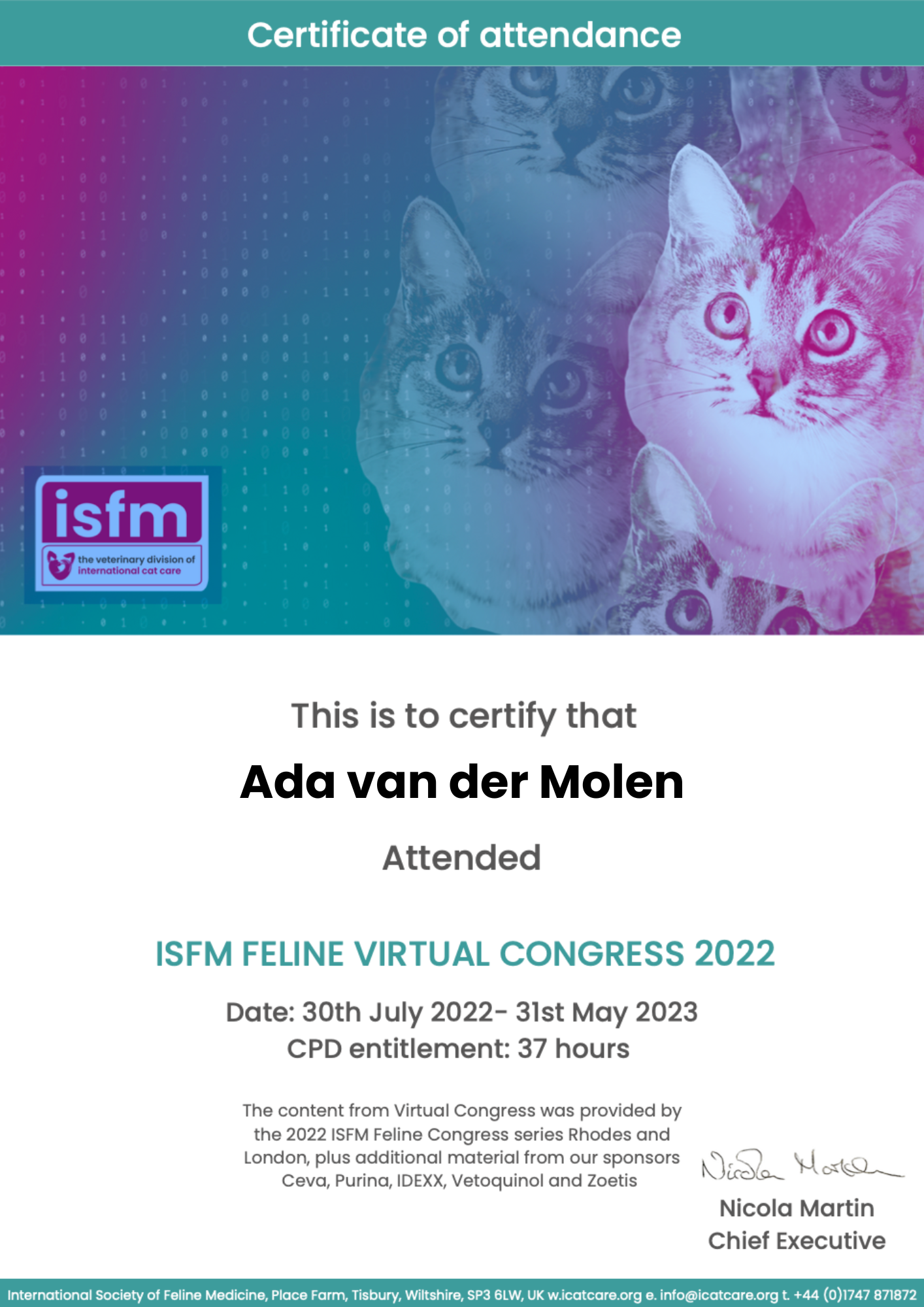 certificaat isfm feline fine congress 2022. katten kijken omhoog .