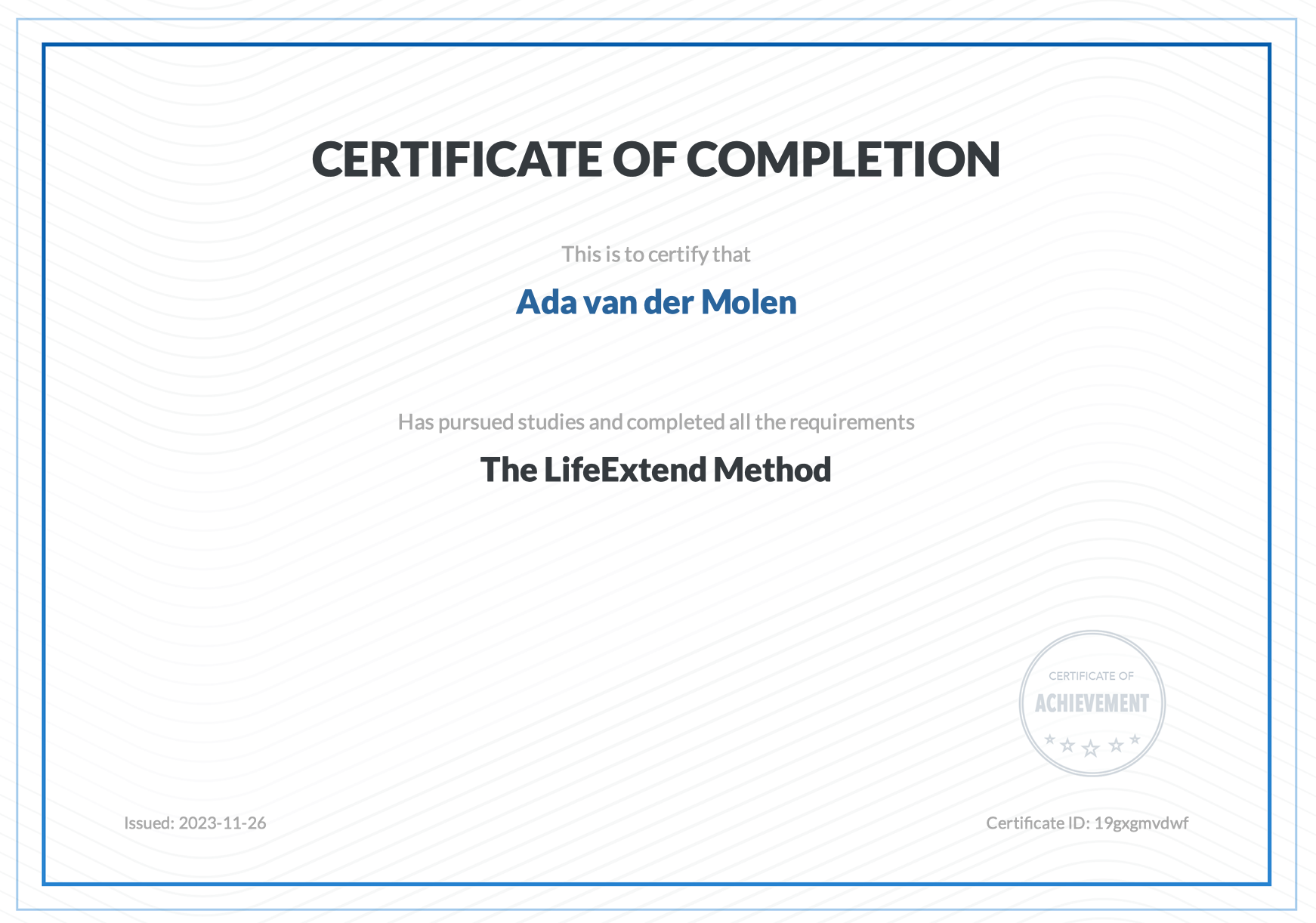 Certificate of completion The LifeExtendMethod