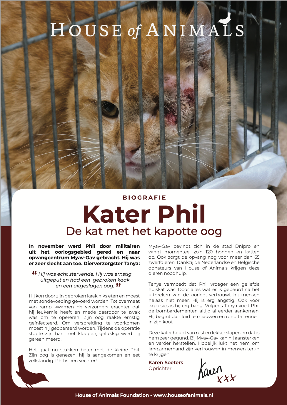 Een foto van een kat in een kooi met een biografie door House of Animals