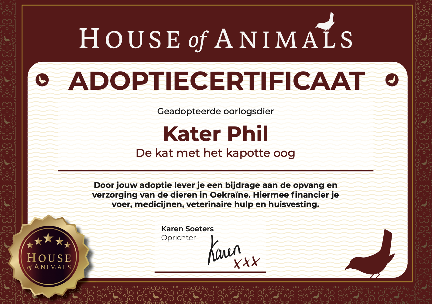 Adoptiecertificaat kater Phil via House of Animals