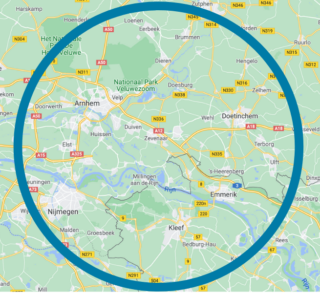 Landkaart met cirkel rond Arnhem-Zevenaar-Doetinchem